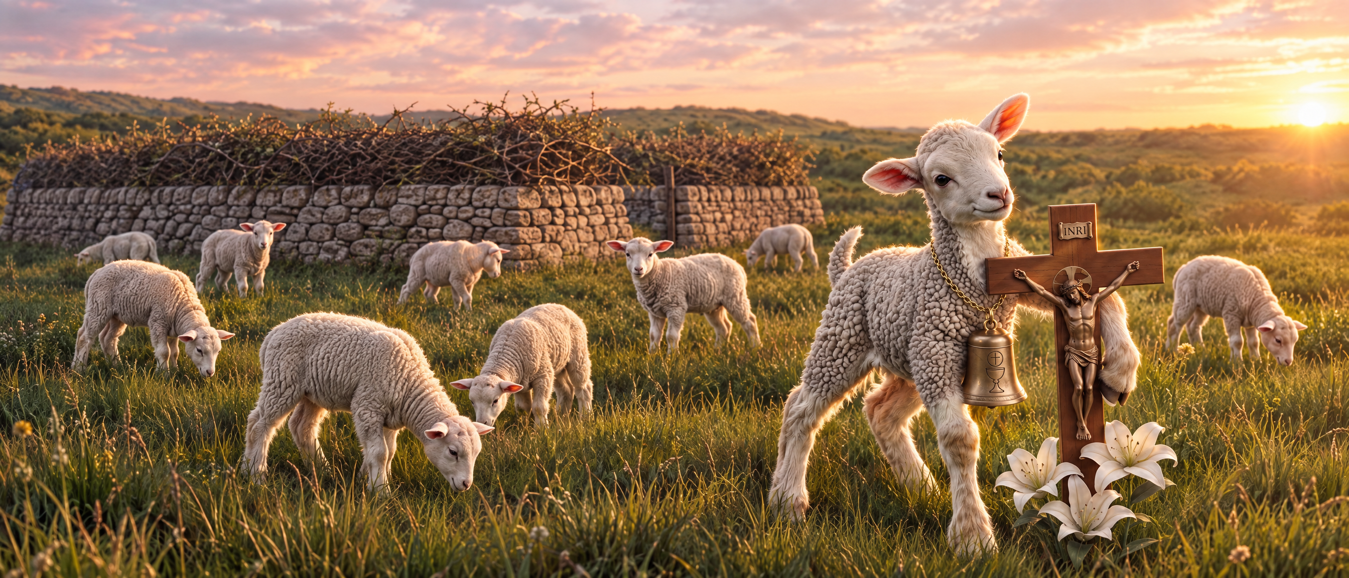 A lamb wearing a bell and small crucifix stands in a green pasture at golden hour, with a flock grazing behind and a stone-and-bramble sheepfold wall in the background.